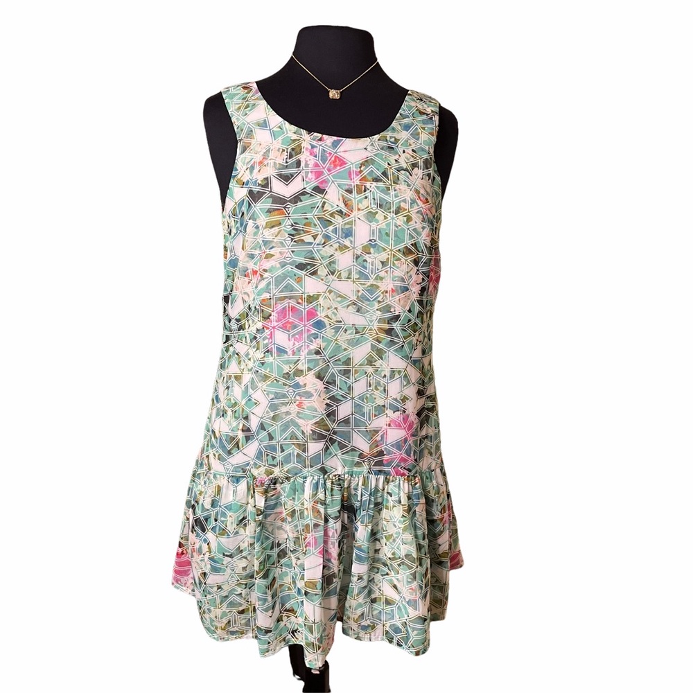Lovers + Friends Green Pink Floral Geometric Deep V-Neck Open Back Mini Dress